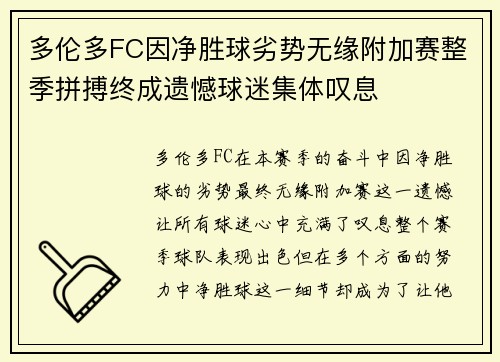 多伦多FC因净胜球劣势无缘附加赛整季拼搏终成遗憾球迷集体叹息